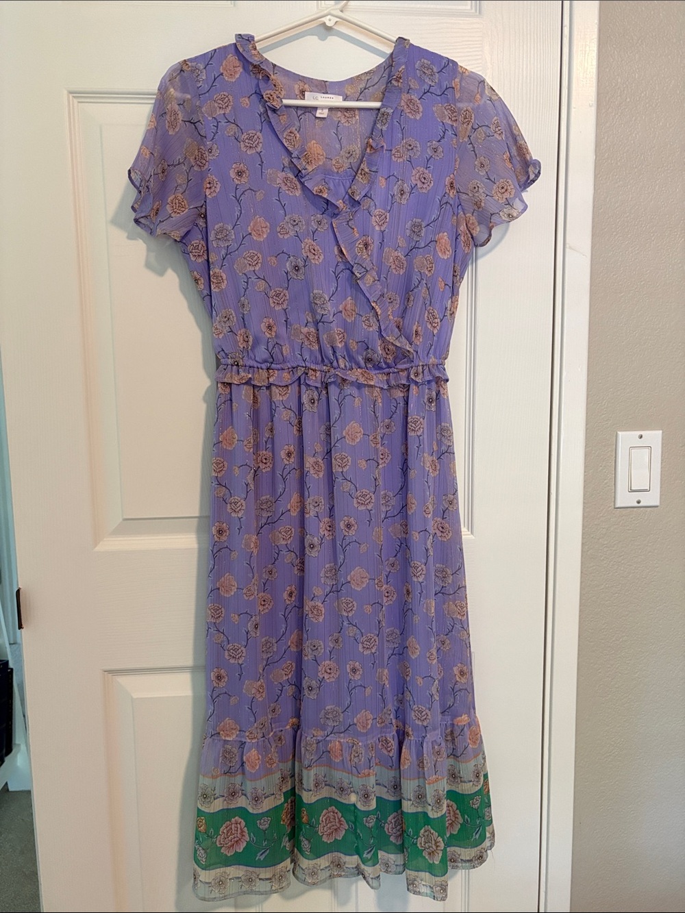 LC Lauren Conrad Lavender Floral Wrap-Style Midi Dress with Green Hem